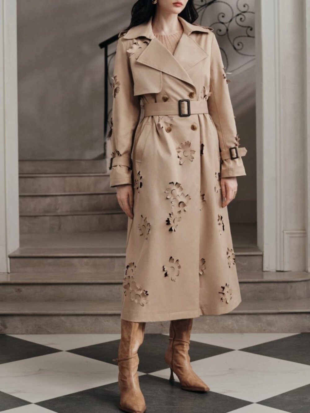 Tan Floral Cutout Belted Double Breasted Midi Trench Coat